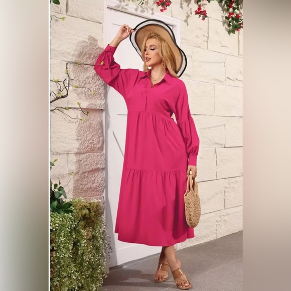 Pink Ruffled Buttoned Sundress with Notched Collar - Picture 3 of 4